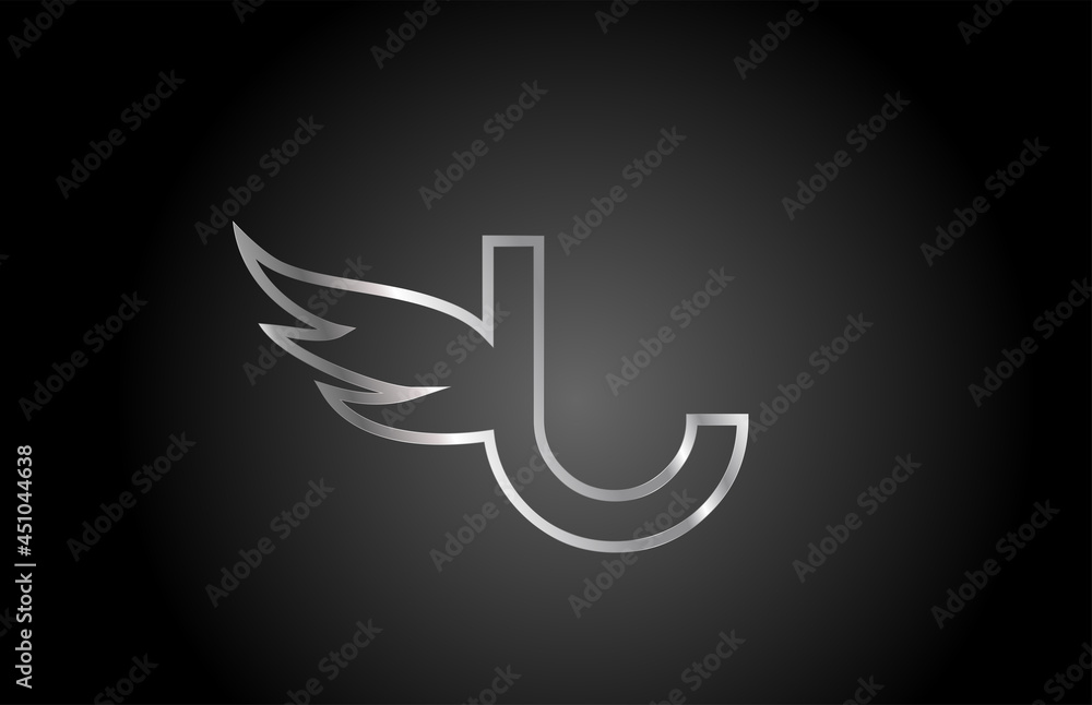 black grey U alphabet letter icon logo with line design. Creative wing concept for company and business template