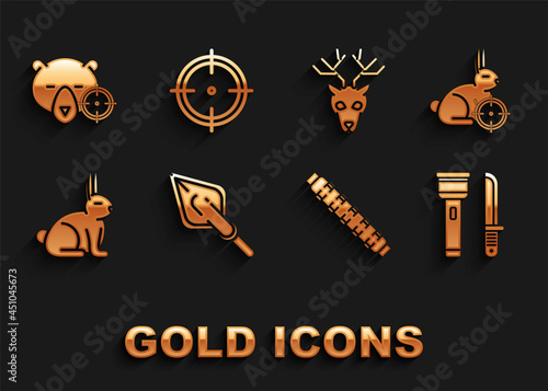 Set Hipster arrow tip, Hunt on rabbit with crosshairs, Flashlight and knife, Hunting cartridge belt cartridges, Rabbit, Deer head antlers, bear and Target sport for shooting competition icon. Vector