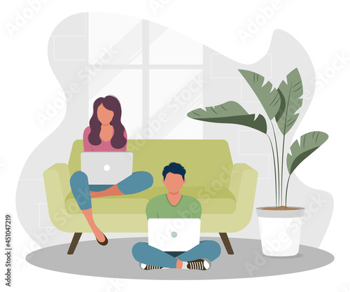 illustration of a man and woman working with a computer while sitting on the couch. Work from home. Flat vector illustration