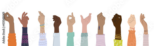 Different people hand palms in flat style. Hands gestures and diversity illustration. Community, teamwork, togetherness concept. Isolated on white.