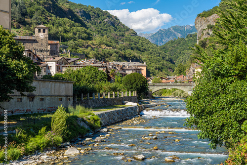 Beautiful view in Verres on a sunny summer day. Aosta Valley, northern Italy.