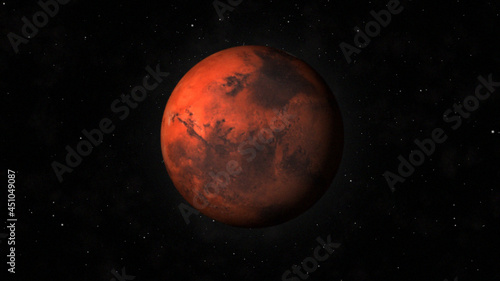 Mars planet 3D render illustration, martian red globe scientific background with stars in the background.