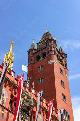 Tower from the famous red sandstone town hall in Basel, Switzerland