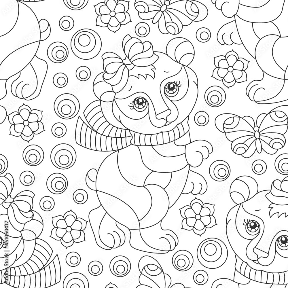 Fototapeta premium Seamless pattern with cute dark contour bears, butterflies and flowers, outline animals on a white world