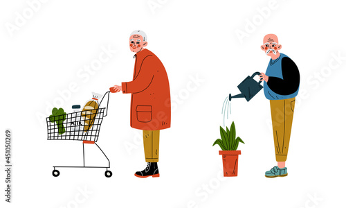 Senior Grey-haired Man Watering Plant and Pushing Shopping Cart Vector Set