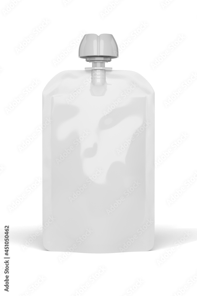 White empty plastic pouch for baby food mock-up isolated on white. 3d rendering. White empty plastic pouch for baby food mock-up isolated on white. 3d rendering.