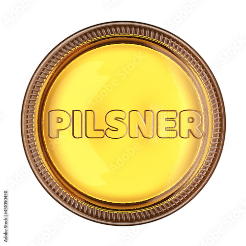 Bottom of a beer bottle with word Pilsner isolated on white. 3D rendering.