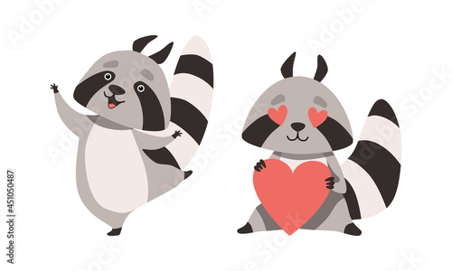 Fototapeta Naklejka Na Ścianę i Meble -  Funny Raccoon Animal Character with Striped Tail Dancing and Holding Red Heart Vector Set