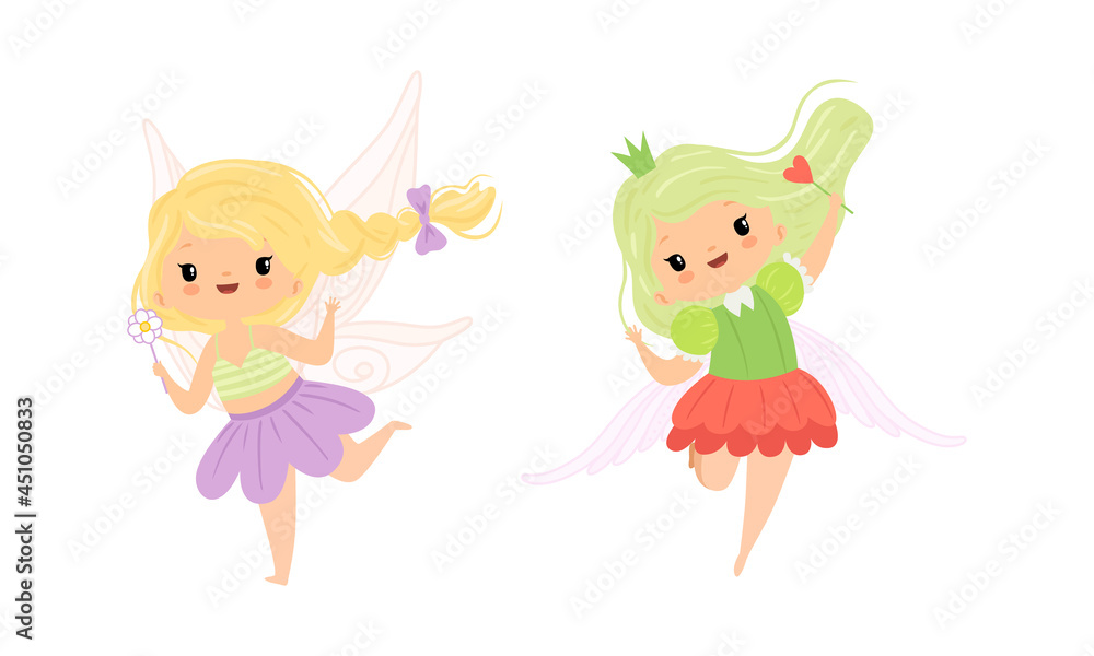 Fototapeta premium Cute Little Pixie Girl with Ethereal Wings Flying with Magic Wand Vector Set