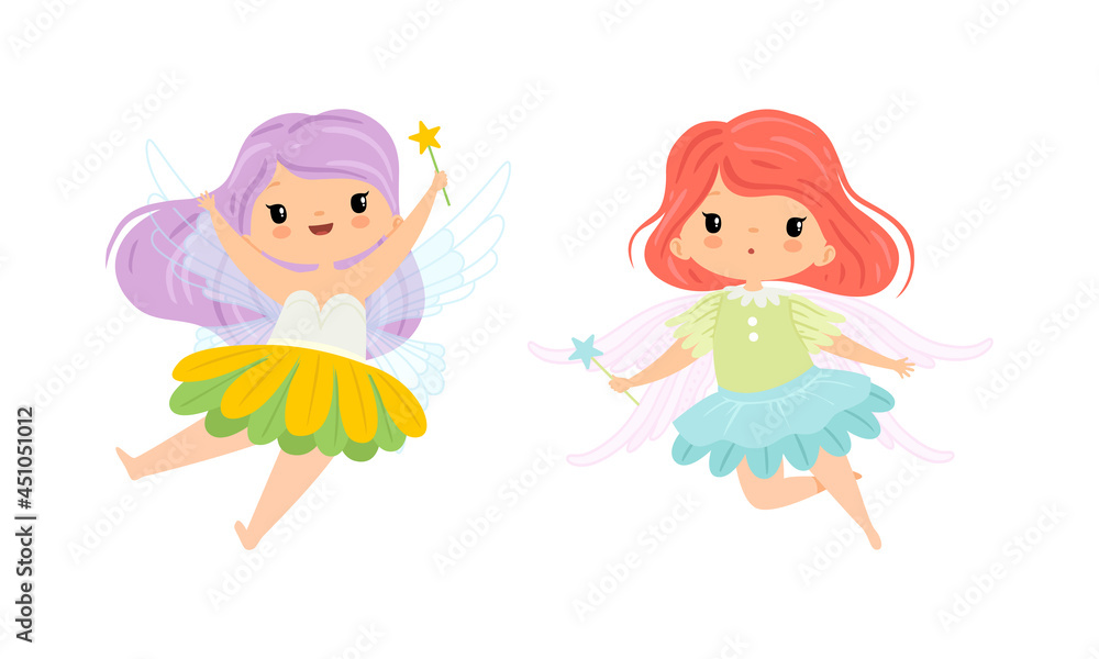 Cute Little Pixie Girl with Ethereal Wings Flying with Magic Wand Vector Set Cute Little Pixie Girl with Ethereal Wings Flying with Magic Wand Vector Set