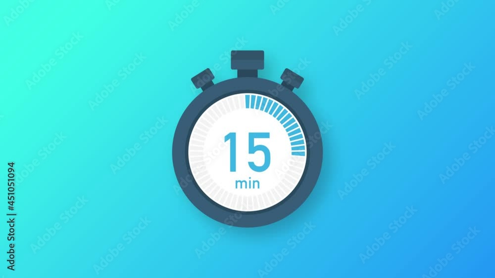 The 15 minutes, stopwatch icon. Stopwatch icon in flat style. Motion graphics. The 15 minutes, stopwatch icon. Stopwatch icon in flat style. Motion graphics.
