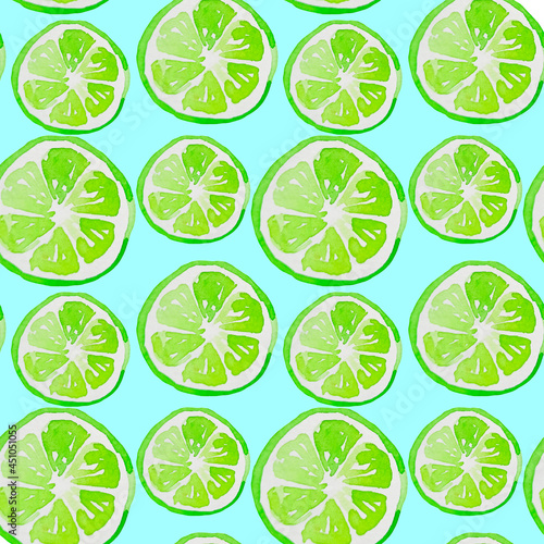 Lime seamless pattern watercolor illustration. Green lime watercolor on a blue background. Refreshing fruit.