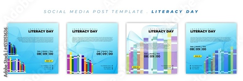 Set of Social media post template with book design and blue abstract background. International Literacy day template design.