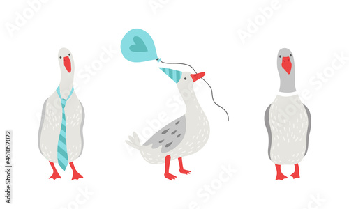 Grey Goose Character Wearing Tie and Holding Balloon Vector Set