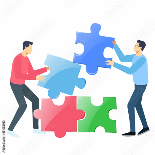 Two businessmen unite the puzzle. Business concept. People connecting puzzle elements. Symbol of teamwork, cooperation, partnership for web page, social media