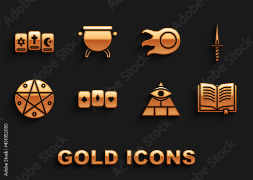 Set Playing cards, Dagger, Ancient magic book, Masons, Pentagram circle, Fireball, Three tarot and Witch cauldron icon. Vector
