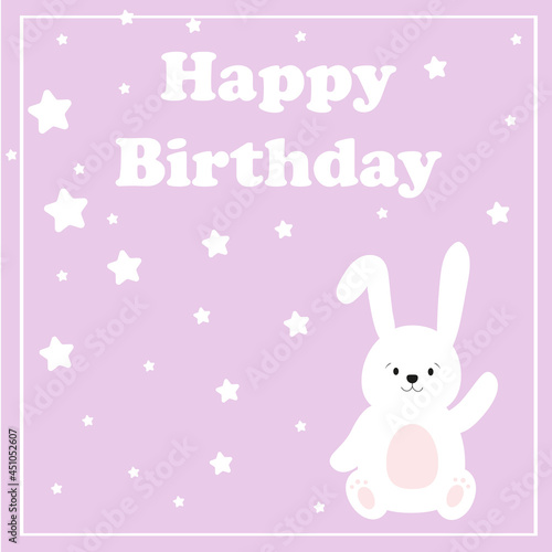 Happy Birthday cards  in lilac color. Celebration vector templates with cute rabbit. Kids design. Vector illustration.  Birthday party. 