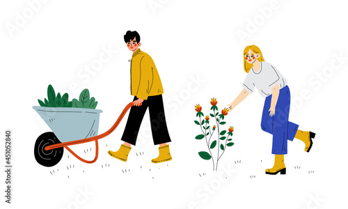 Man and Woman Working in Garden Pushing Wheelbarrow and Cultivating Plant Vector Set