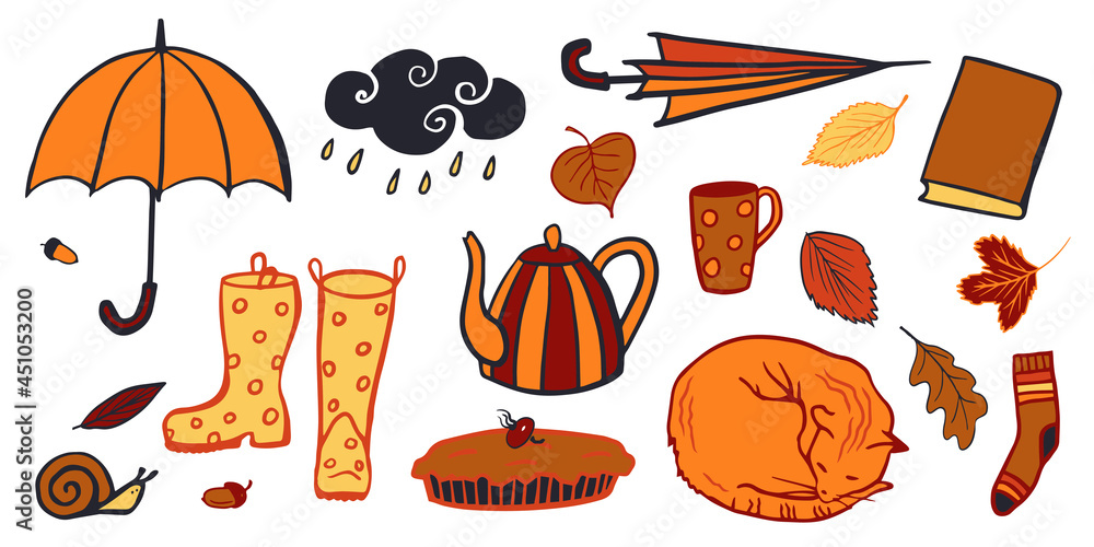 Autumn mood set: falling leaves, umbrella, cat, boots, snail, kettle, pie, mug, book and other. Fall season elements for scrapbook, card, poster, invitation, sticker kit design. Vector illustration. Autumn mood set: falling leaves, umbrella, cat, boots, snail, kettle, pie, mug, book and other. Fall season elements for scrapbook, card, poster, invitation, sticker kit design. Vector illustration.