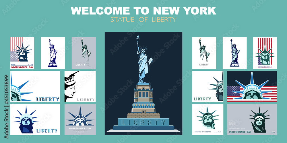Statue of Liberty design template set. Banner, geometric colored flat design. New York. Booklet, album poster. Name of the Annual Report Ad Text. X-banner. Information banner, vector illustration Statue of Liberty design template set. Banner, geometric colored flat design. New York. Booklet, album poster. Name of the Annual Report Ad Text. X-banner. Information banner, vector illustration
