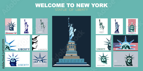 Statue of Liberty design template set. Banner, geometric colored flat design. New York. Booklet, album poster. Name of the Annual Report Ad Text. X-banner. Information banner, vector illustration