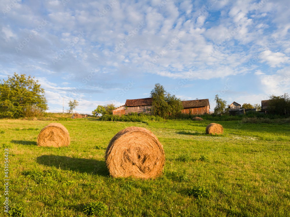 Field with roll hay bales lit by evening sun and clouds in sky during summer
