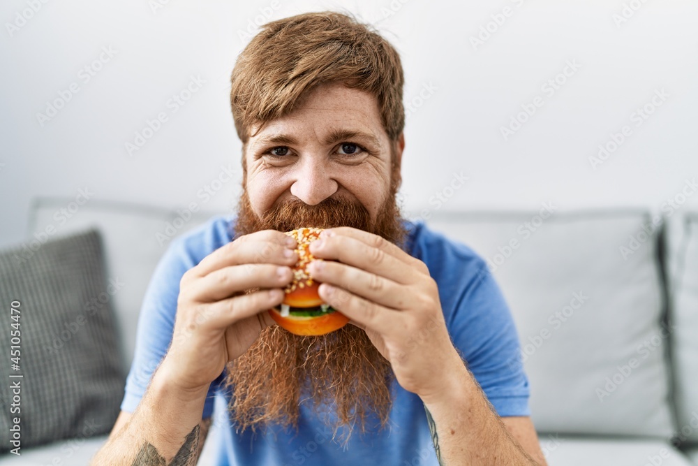Young irish man smiling happy and eating classical burger sitting on the sofa at home. Young irish man smiling happy and eating classical burger sitting on the sofa at home.
