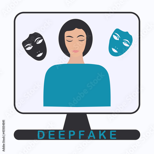 Face and masks on the monitor screen - vector. Deepfake. Falsification. Fake.