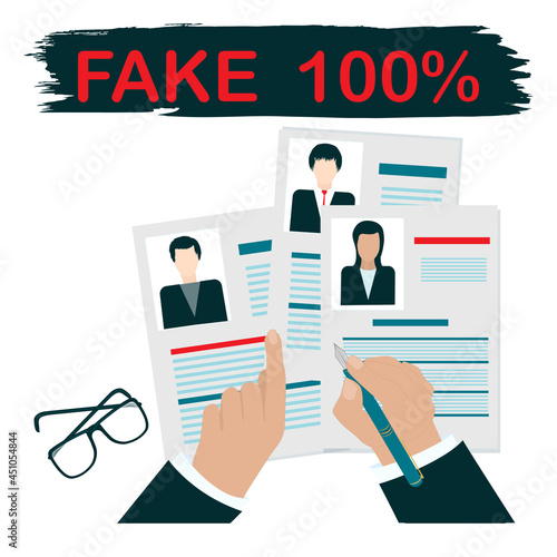 Control over false information. Man's hands, articles with photographs. Falsification. Artificial intelligence. Deepfake. Vector illustration.