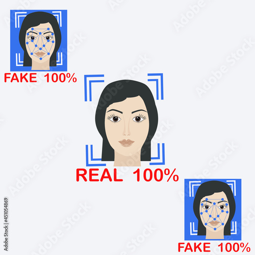 Images of real and fake faces - vector. Deepfake. Falsification. Fake. Artificial intelligence.