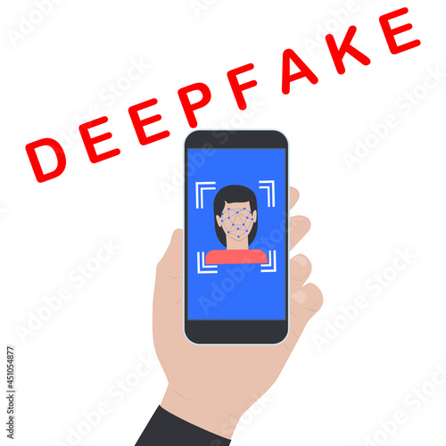 Fake image on screen. Smartphone in hand - vector. Deepfake. Falsification. Artificial intelligence.