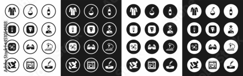 Set Propane gas tank, Funnel or filter, Pipette, Laboratory uniform, assistant, Plant breeding, Microscope and Medicine pill tablet icon. Vector