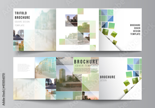 Vector layout of square format covers design templates for trifold brochure, flyer, cover design, book design, brochure cover. Abstract project with clipping mask green squares for your photo.