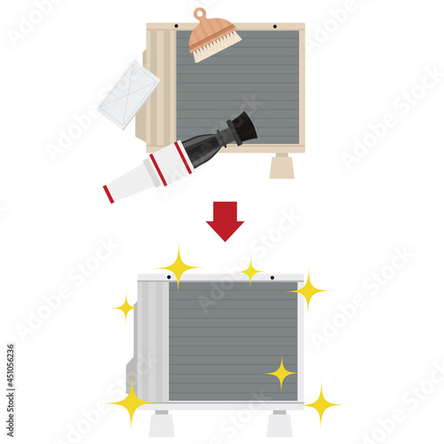 エアコン室外機の裏面の掃除・清掃・ホコリ取りのイラスト　ベクター