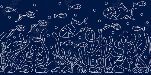 Hand-drawn seamless underwater border . Horizontal coral reef, seaweed fish.