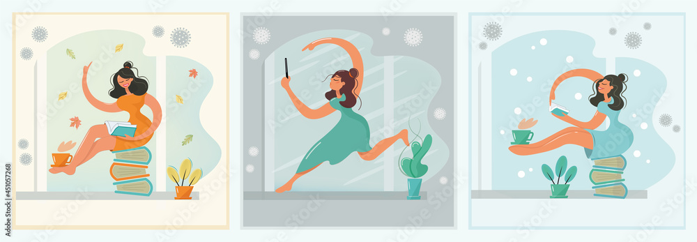 Set of illustrations with a girl on distance learning. Work, study and rest at home. The brunette reads books, studies, goes to Google on the phone and drinks coffee. Atmospheric vector style.