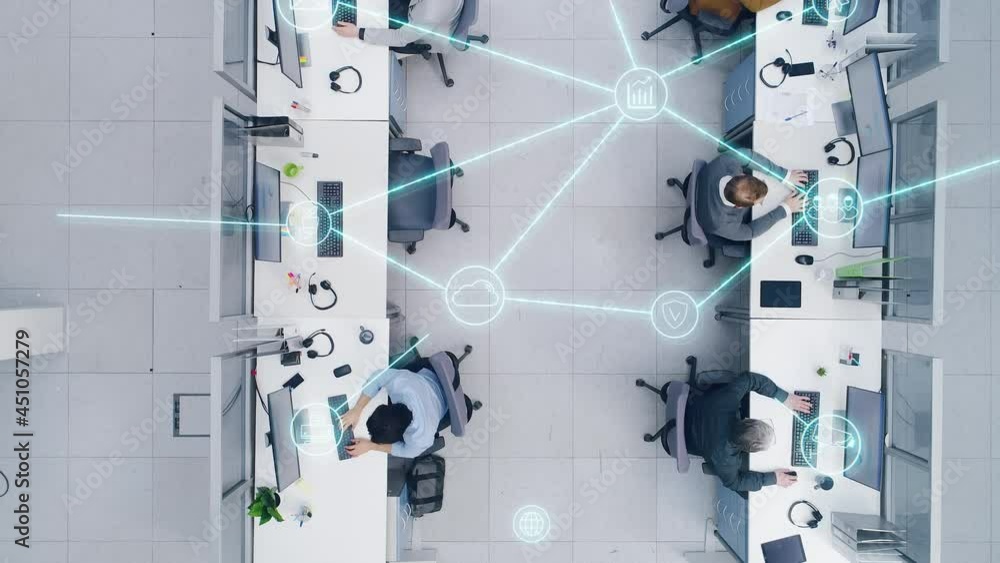 Top Down Footage of a Busy Corporate Office with Tow Rows off ...