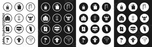 Set Gallows, Dream catcher with feathers, Gold bars, Dynamite bomb, Buffalo skull, Canteen water bottle, Revolver gun in holster and Wanted western poster icon. Vector
