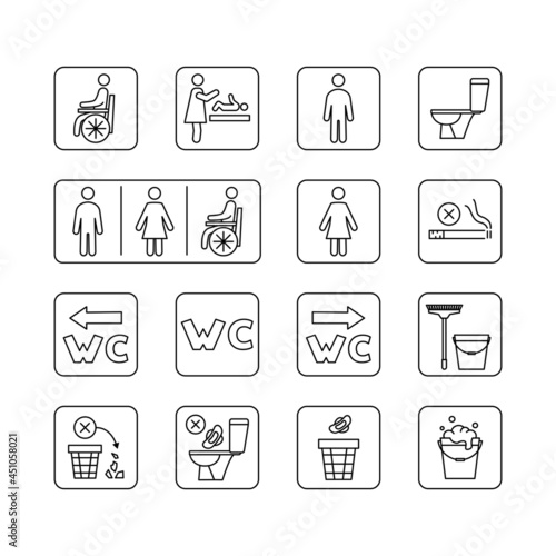 Restroom icons. Man, woman, wheelchair person symbol and baby changing. Stop smoke and pollution in the toilet. Do not flush. Male, Female, Handicap toilet sign