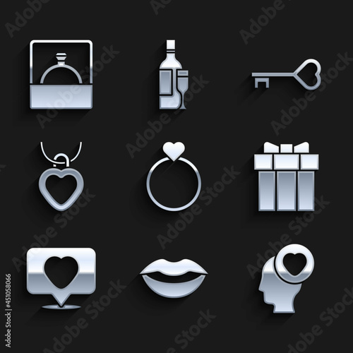 Set Wedding rings, Smiling lips, Head with heart, Gift box, Like and, Necklace shaped, Key and Diamond engagement icon. Vector