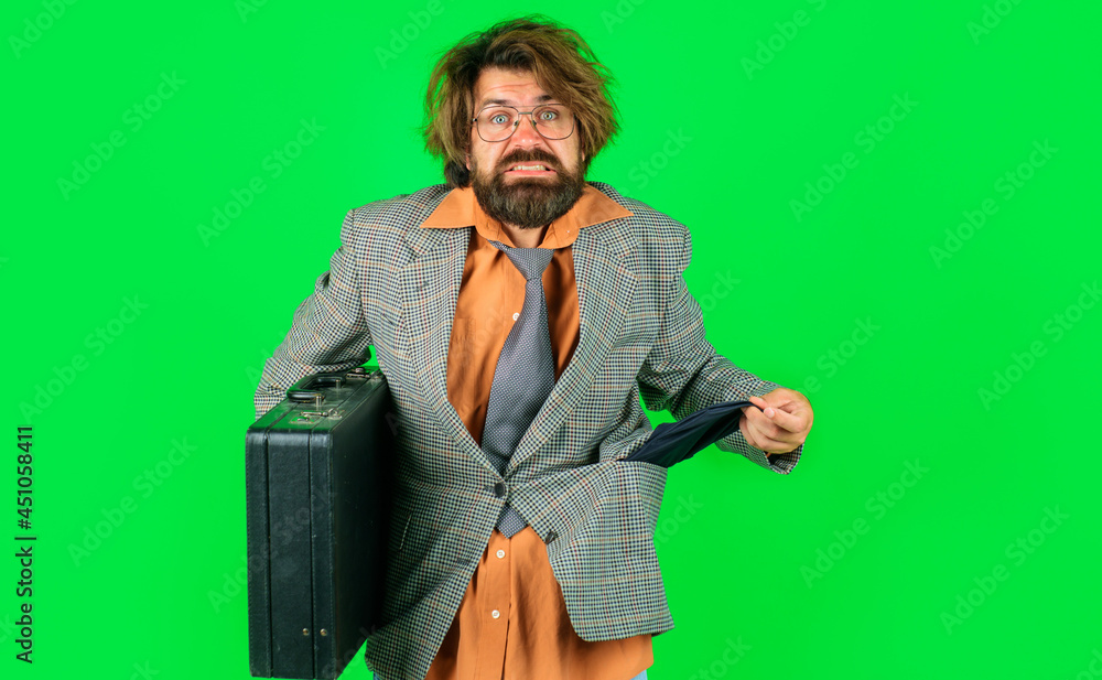 Bankrupt businessman with empty pocket and briefcase. Dismissal from