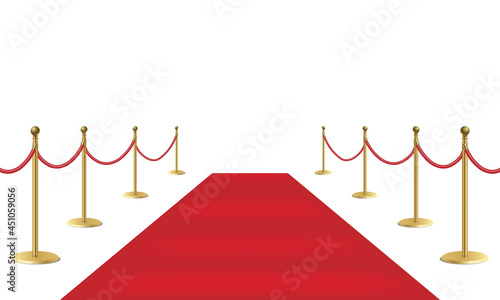 Red event carpet and golden barriers isolated on white background, vector illustration