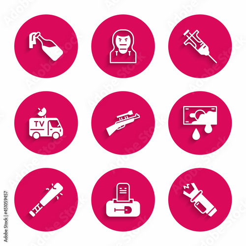 Set Sniper rifle with scope, Grave tombstone, Police electric shocker, Bloody money, Baseball bat nails, TV News car, Syringe and Cocktail molotov icon. Vector