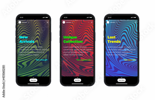 Social Media Networks Stories Timeline Carousel Vector Design Template On Photorealistic Smartphone Screen Isolated On White Background. Abstract Background For Online Story