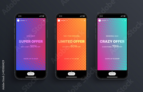 Social Media Networks Stories Timeline Carousel Vector Bright Vivid Design Template On Photorealistic Smartphone Screen Isolated On Dark Background. Abstract Background For Online Story