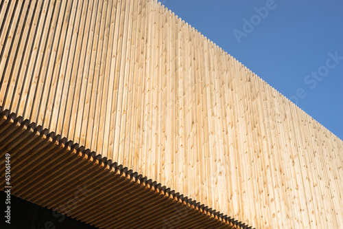 Modern facade and ceiling made of larch wood strips in the outdoor area