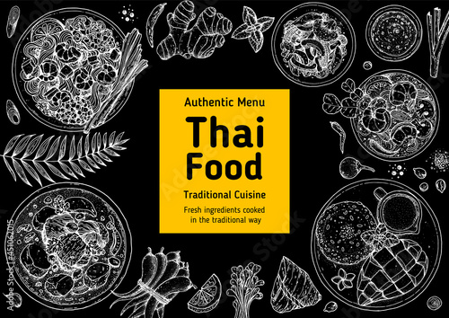 Thai food top view vector illustration. Food menu design template. Hand drawn sketch. Thai food menu. Vintage style. Pad thai, massaman curry, mango sticky rice, tom yum top view.