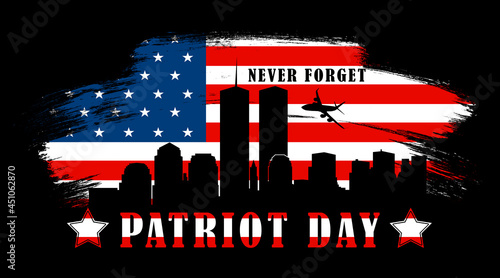 9/11 illustration for Patriot Day USA. Black background with Twin Towers, Never Forget lettering. USA September 11 Attacks