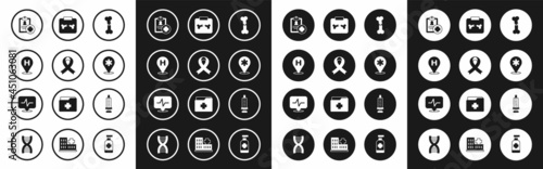 Set Human broken bone, Awareness ribbon, Location hospital, Patient record, X-ray shots with, Syringe and Heart rate icon. Vector