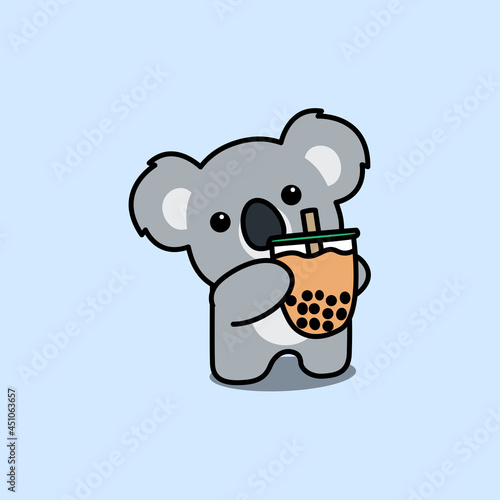 Cute koala with bubble tea cartoon, vector illustration